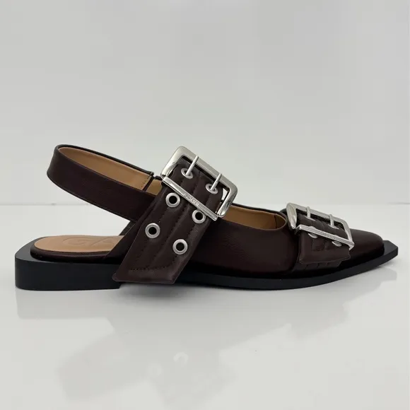 GANNI Feminine Buckle Ballerina Leather Flats in Chocolate Fondant NEW