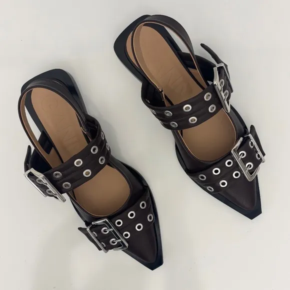 GANNI Feminine Buckle Ballerina Leather Flats in Chocolate Fondant NEW