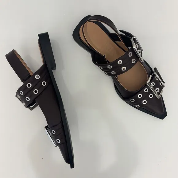 GANNI Feminine Buckle Ballerina Leather Flats in Chocolate Fondant NEW