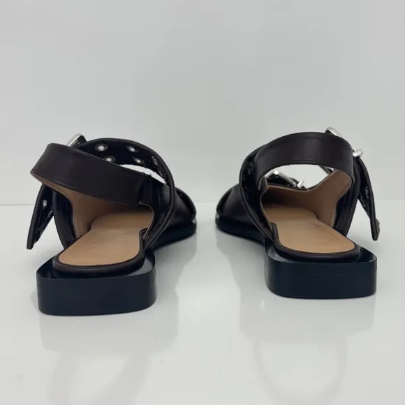 GANNI Feminine Buckle Ballerina Leather Flats in Chocolate Fondant NEW
