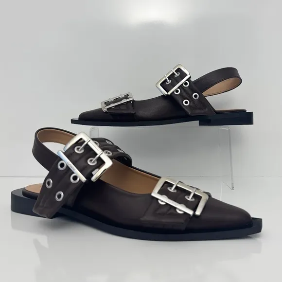 GANNI Feminine Buckle Ballerina Leather Flats in Chocolate Fondant NEW