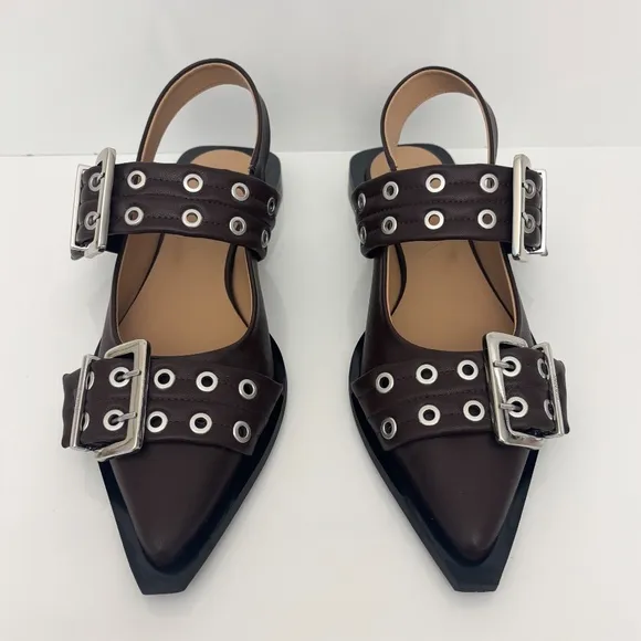 GANNI Feminine Buckle Ballerina Leather Flats in Chocolate Fondant NEW