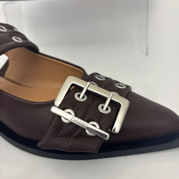 GANNI Feminine Buckle Ballerina Leather Flats in Chocolate Fondant NEW