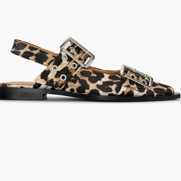 Ganni Leopard Print Buckle Slingback Flats