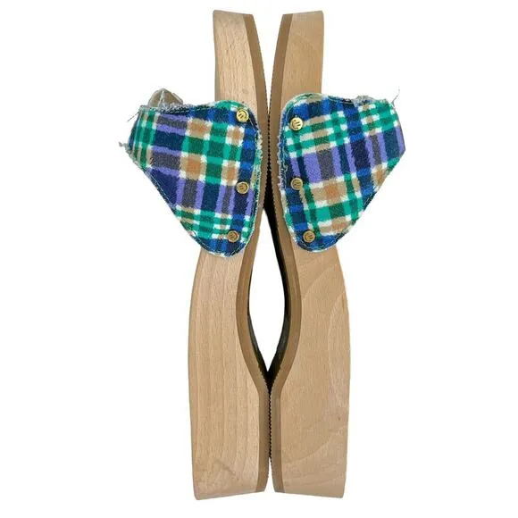 Ganni x Dr Scholls Slip On Pescura Heel Sandals Plaid Strap Blue NEW Size 9