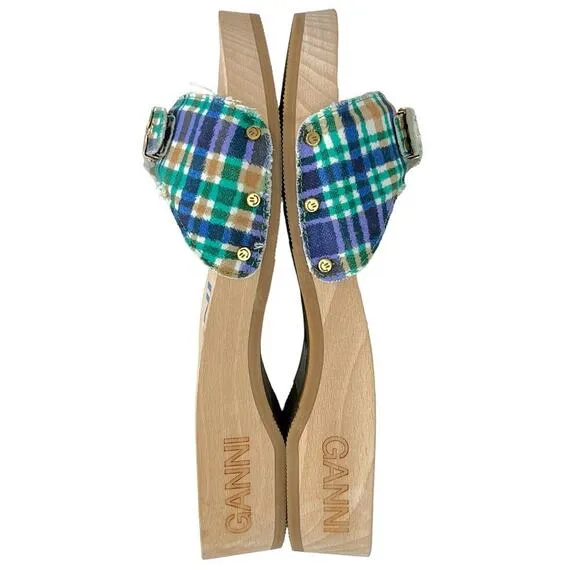 Ganni x Dr Scholls Slip On Pescura Heel Sandals Plaid Strap Blue NEW Size 9