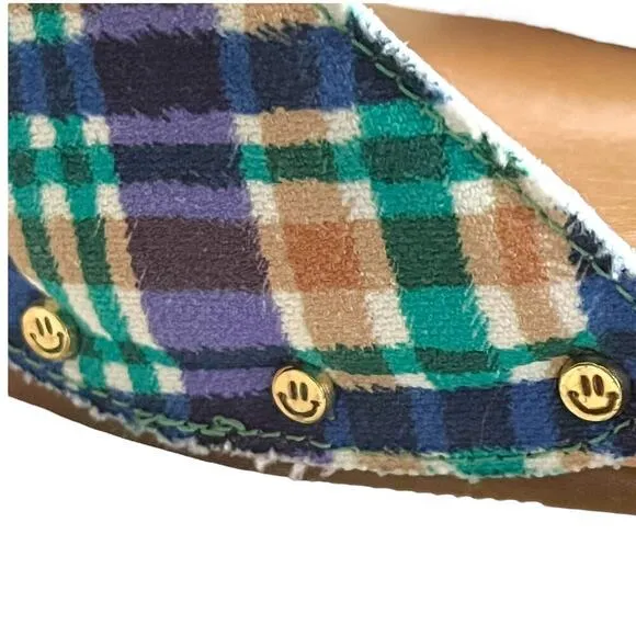 Ganni x Dr Scholls Slip On Pescura Heel Sandals Plaid Strap Blue NEW Size 9