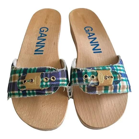 Ganni x Dr Scholls Slip On Pescura Heel Sandals Plaid Strap Blue NEW Size 9