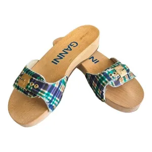Ganni x Dr Scholls Slip On Pescura Heel Sandals Plaid Strap Blue NEW Size 9