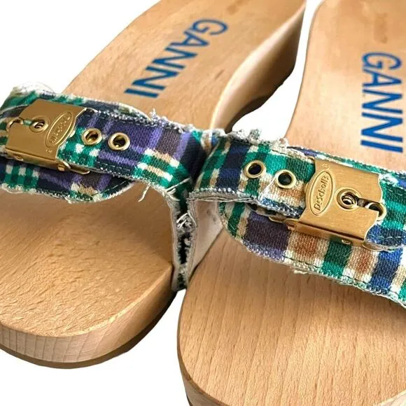 Ganni x Dr Scholls Slip On Pescura Heel Sandals Plaid Strap Blue NEW Size 9