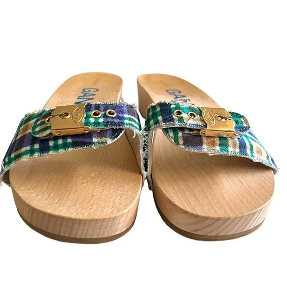 Ganni x Dr Scholls Slip On Pescura Heel Sandals Plaid Strap Blue NEW Size 9