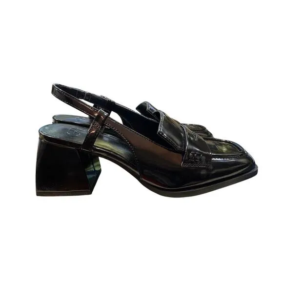 GB Work-Wife Black Patent Slingback Heeled Loafers Sz 6.5M Square Toe