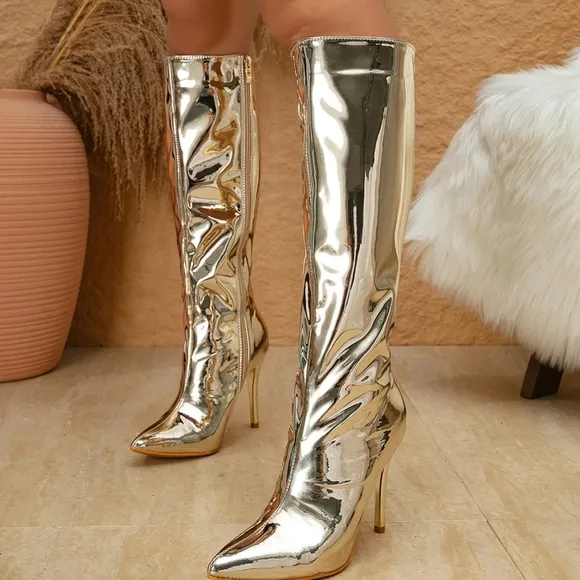 Gold Patent  Bling Sexy Thin High Heel Pointed Toe Knee High Modern Chelsea