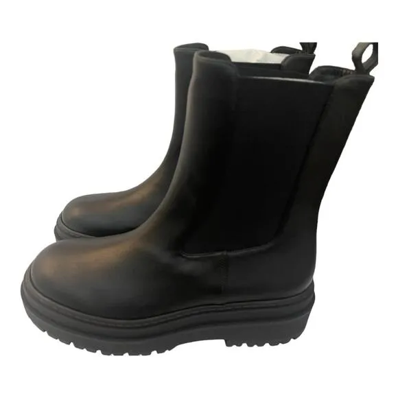 Good American Ankle Chelsea Boots Combat Lug Sole Pull On Leather Black Size 12