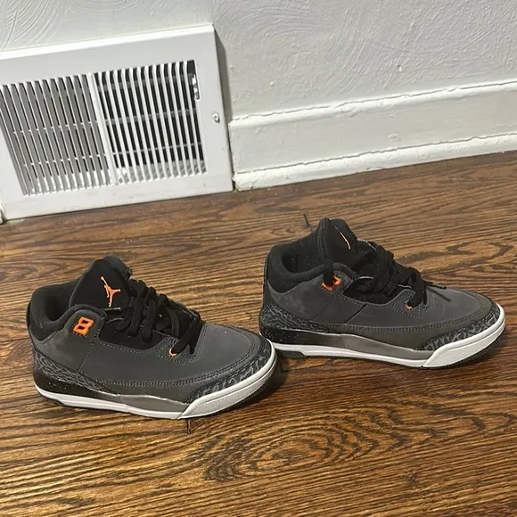 Gray and Black Jordan 3s kids Sneakers with Orange Accents