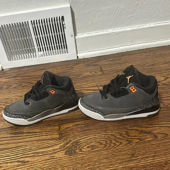 Gray and Black Jordan 3s kids Sneakers with Orange Accents