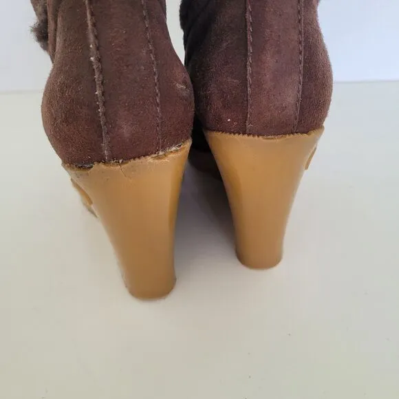 GUCCI Brown MERINO LAMBSKIN SHEARLING Suede Leather WEDGE BOOTS w/FUR Size 35 5