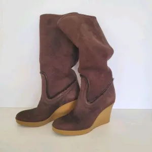 GUCCI Brown MERINO LAMBSKIN SHEARLING Suede Leather WEDGE BOOTS w/FUR Size 35 5