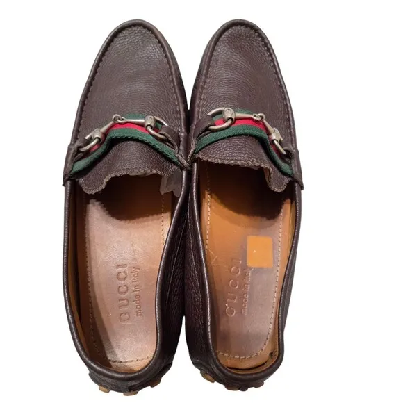 Gucci Loafers Leather Shoes Driver Horsebit Brown Green Red Web Mens US 9