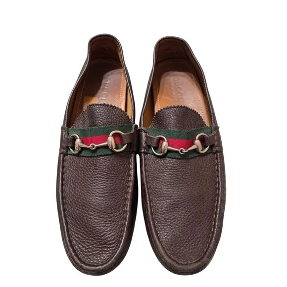 Gucci Loafers Leather Shoes Driver Horsebit Brown Green Red Web Mens US 9