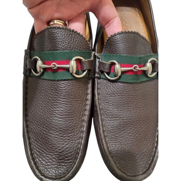 Gucci Loafers Leather Shoes Driver Horsebit Brown Green Red Web Mens US 9