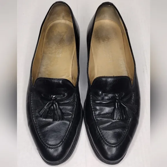 Gucci Men's Black Leather Tassel Slip On Dress Loafers Size 9.5