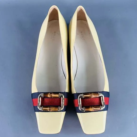 GUCCI Vintage Vernice Beige Red Blue Patent Leather Web Bamboo Buckle Flats
