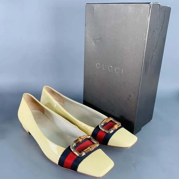 GUCCI Vintage Vernice Beige Red Blue Patent Leather Web Bamboo Buckle Flats