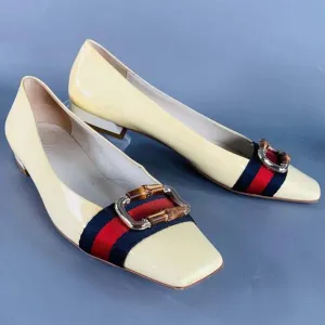 GUCCI Vintage Vernice Beige Red Blue Patent Leather Web Bamboo Buckle Flats