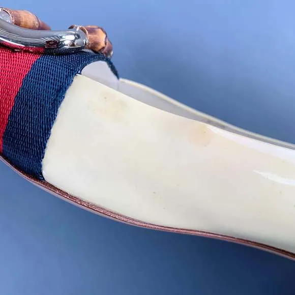 GUCCI Vintage Vernice Beige Red Blue Patent Leather Web Bamboo Buckle Flats