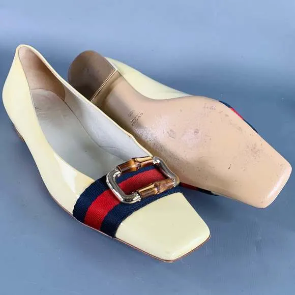 GUCCI Vintage Vernice Beige Red Blue Patent Leather Web Bamboo Buckle Flats