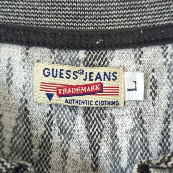 Guess 90's Vintage Lightweight Jacquard Knit Quarter Zip Pullover Sweater Gray L