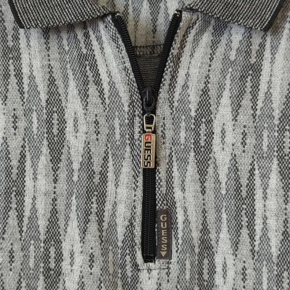 Guess 90's Vintage Lightweight Jacquard Knit Quarter Zip Pullover Sweater Gray L