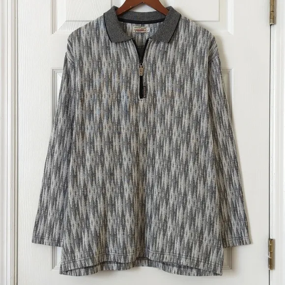 Guess 90's Vintage Lightweight Jacquard Knit Quarter Zip Pullover Sweater Gray L