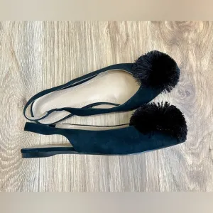 Gunmetal Samantha Pointed ToeSlingback Flats with Pom Pom BlackSize 8 LNC