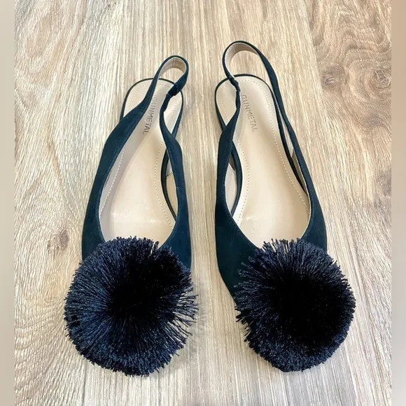 Gunmetal Samantha Pointed ToeSlingback Flats with Pom Pom BlackSize 8 LNC