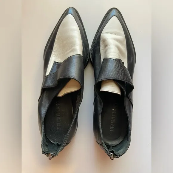 Helmut Lang Black &amp; White Leather Pointed Toe Loafers, Size 10 – Statement Shoes