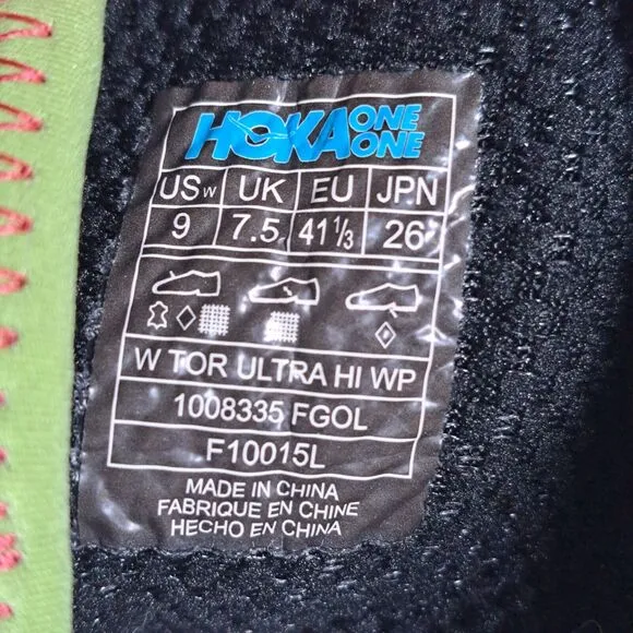 Hoka One One Tor Ultra Hi WP Hiking Boots Fog Green Olive Women's Size 9 Vibram