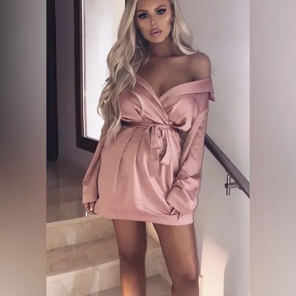 House of CB Mena dress off the shoulder belted elastic waistband pink mini dress