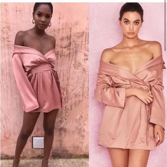 House of CB Mena dress off the shoulder belted elastic waistband pink mini dress