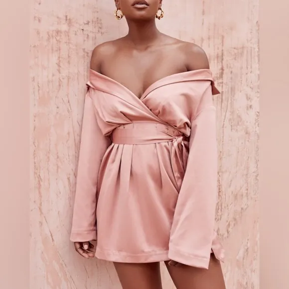 House of CB Mena dress off the shoulder belted elastic waistband pink mini dress
