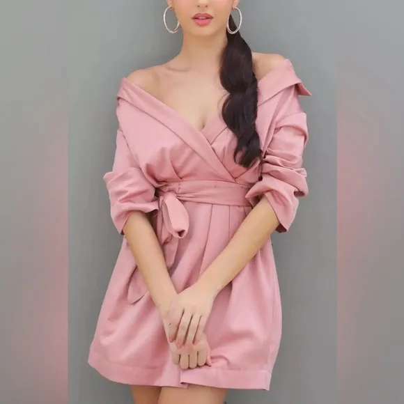 House of CB Mena dress off the shoulder belted elastic waistband pink mini dress