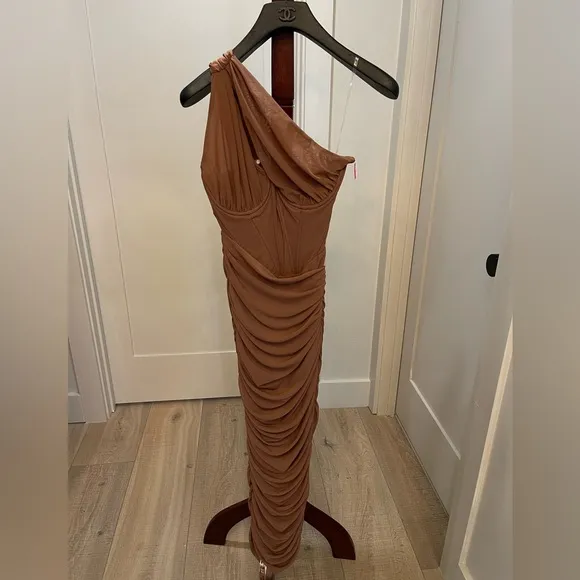 House of CB Valentine Asymmetric Cutout Midi Dress in Mocha  Size XS