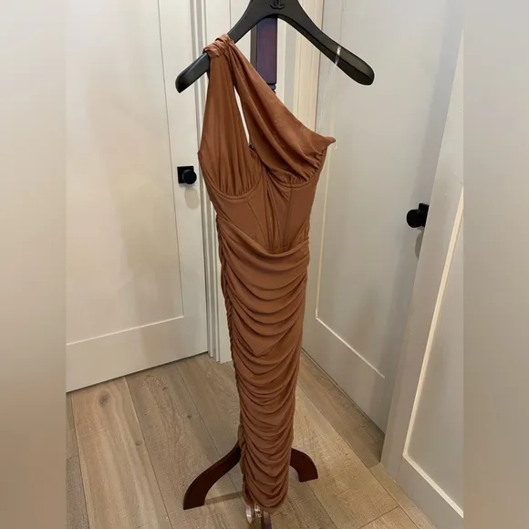 House of CB Valentine Asymmetric Cutout Midi Dress in Mocha  Size XS