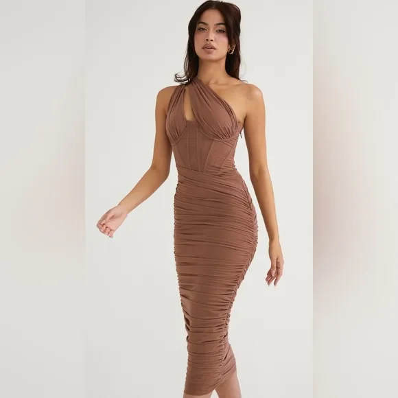House of CB Valentine Asymmetric Cutout Midi Dress in Mocha  Size XS