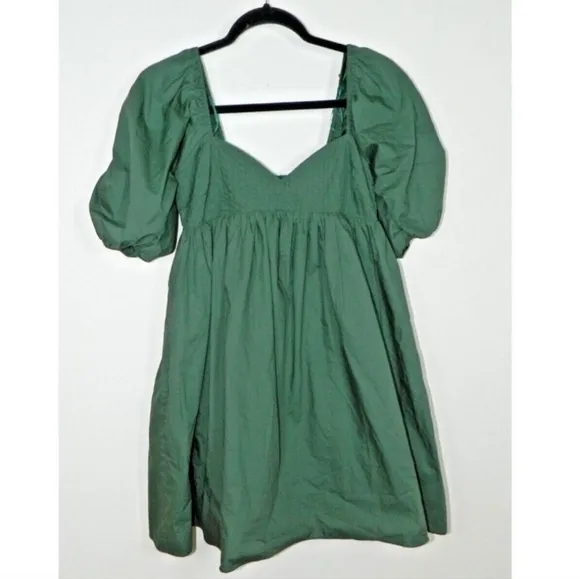 HYACINTH HOUSE Sasha Babydoll Mini Dress Emerald Puff Sleeves Square Neck Sz LG
