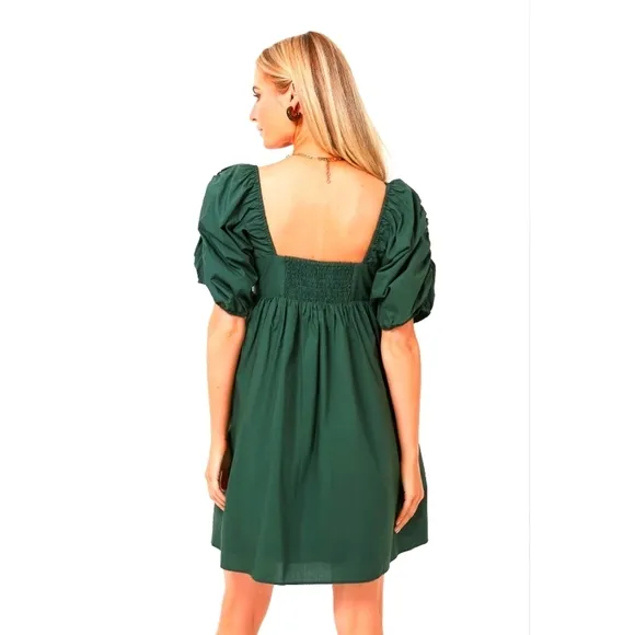 HYACINTH HOUSE Sasha Babydoll Mini Dress Emerald Puff Sleeves Square Neck Sz LG