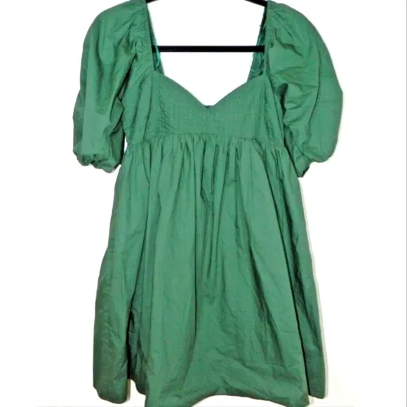 HYACINTH HOUSE Sasha Babydoll Mini Dress Emerald Puff Sleeves Square Neck Sz LG