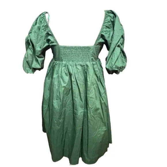 HYACINTH HOUSE Sasha Babydoll Mini Dress Emerald Puff Sleeves Square Neck Sz LG