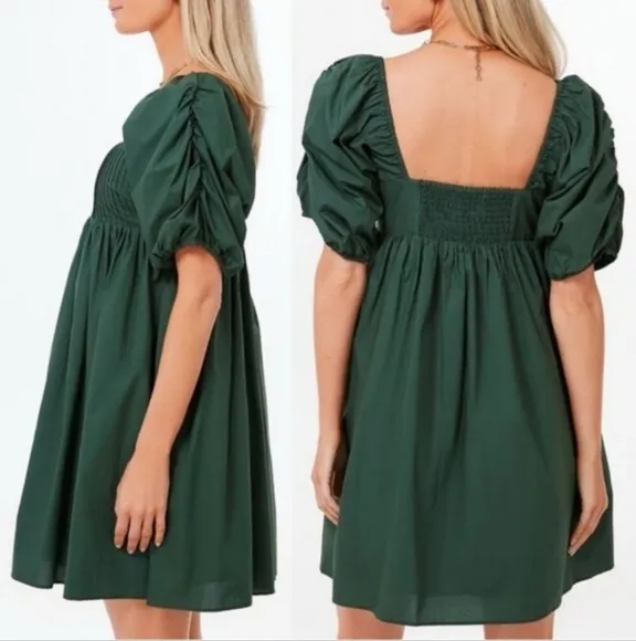 HYACINTH HOUSE Sasha Babydoll Mini Dress Emerald Puff Sleeves Square Neck Sz LG